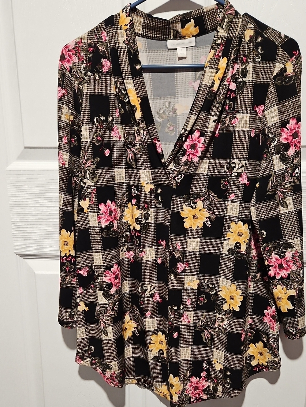 Charter Club Black Plaid V-Neck Blouse with Pink and Yellow Floral Print